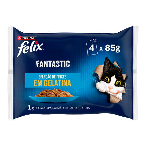 Gato Humido Felix Pedaços Gelatina Selc. Peixes 4X85Grs Cx12