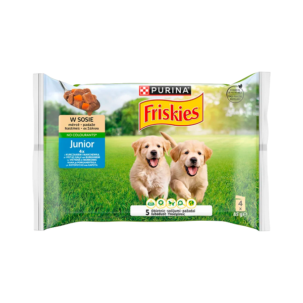 Friskies Cão Hum. Junior Pedaços  Molho Frango 4X85Grs Cx12