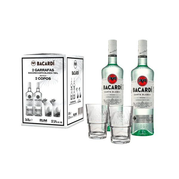 Pack 2Grf Rum Bacardi Carta Branca 70Cl + 2 Copos Oferta